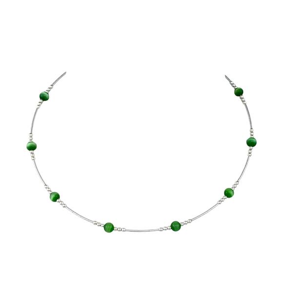 Memory Wire Green Cat's Eye Bead Choker Necklace | Sterling Silver 925 |16" - Picture 1 of 3